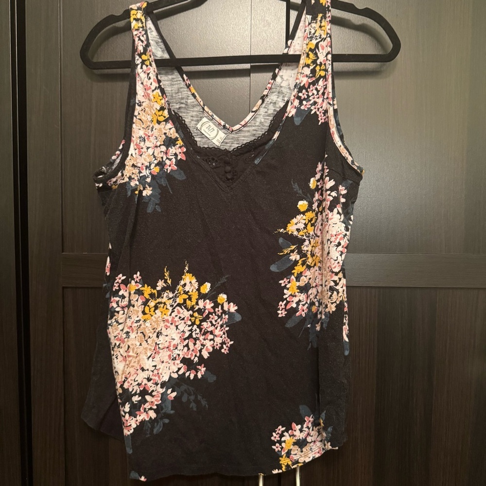 Floral Black Tank Top with Pink and Yellow Accents​